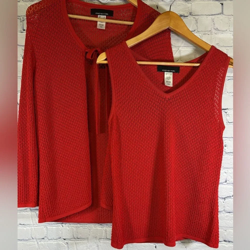 JONES NEW YORK Red Pointelle Textured Vest and Long Sleeve Tie Front Cardigan L
